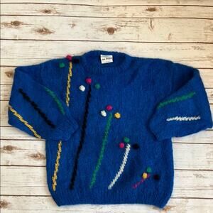 Vintage Jon Stuart Hand Knitted Art Pronto Blue Wool and Mohair Sweater